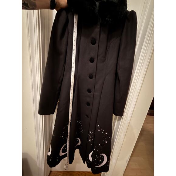 Hell Bunny Long Coat Moons Stars Faux Fur Collar L Large Interstellar - Picture 4 of 8